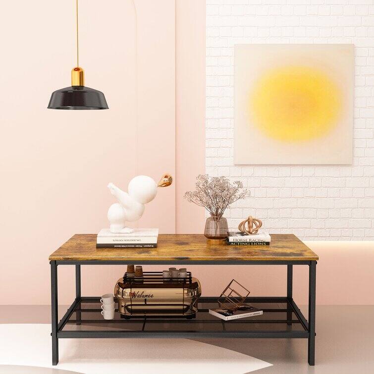 Vintage Brown Coffee Table, 2-Tier Coffee Table With Storage Shelf, Industrial Style Cocktail Table With Storage Shelf