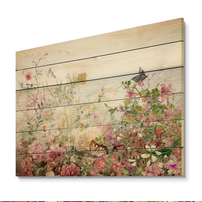 Designart 'Modern Pink And Green Summer Garden' Traditional Wood Wall Art Décor - Natural Pine Wood