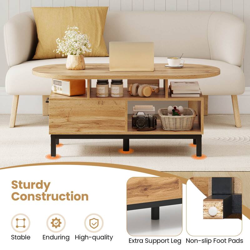 Costway 47” Oval Top Coffee Table with 4 Open Compartments & Drawer, 5 - See Details