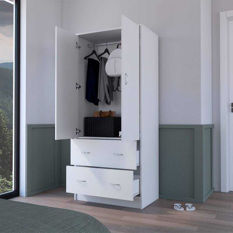 19" Modern Double-door Armoire with Hanging Rod and Two Storage Drawers for Bedroom