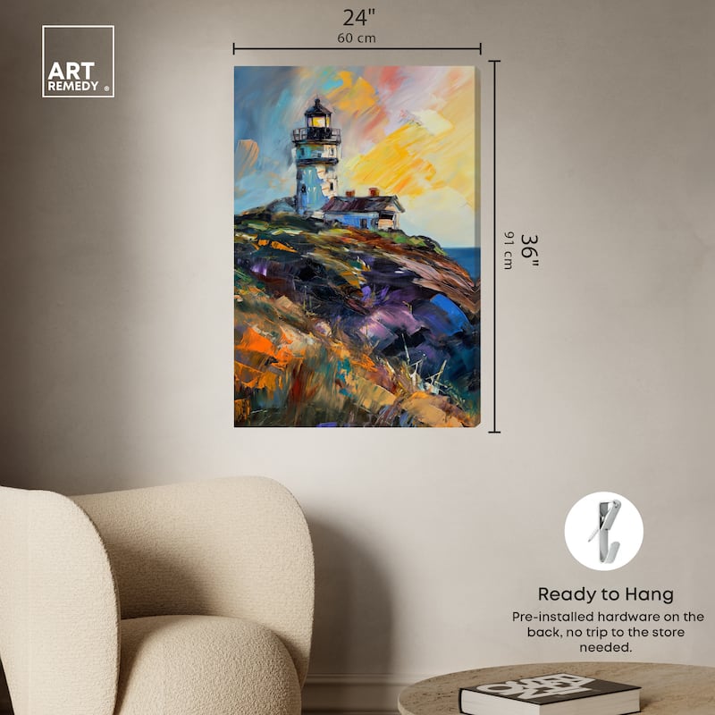 Art Remedy Colorful Lighthouse Gallery Wrapped Impressionism 1 Piece Canvas Wall Art /Monet And Van Gogh Inspired Art