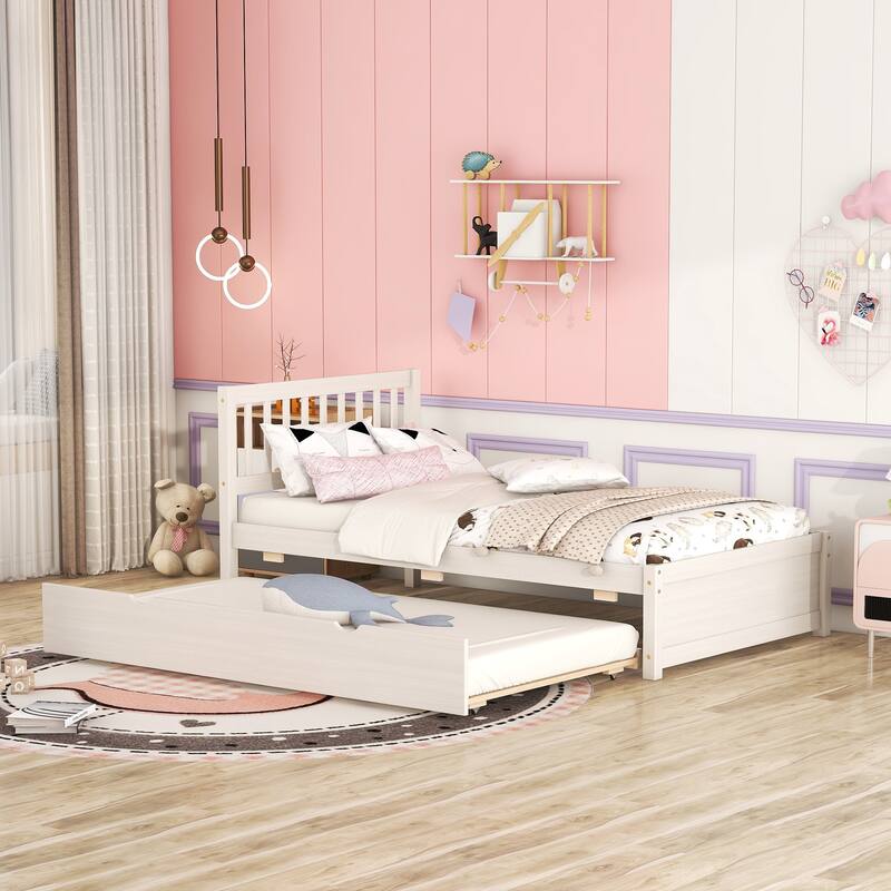 Twin Size Wooden Platform Bed Frame with Trundle Bed & Headboard