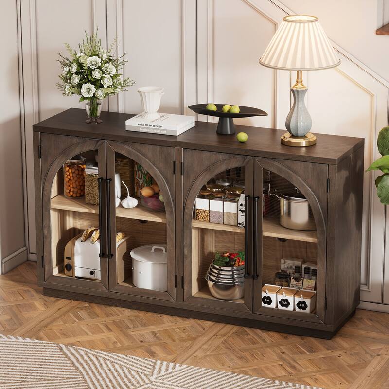 4 Doors Large Storage Sideboard Buffet Cabinet with Glass Doors