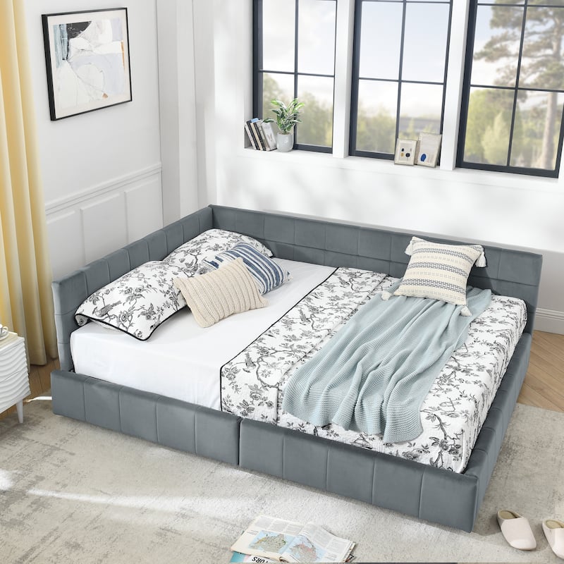 Mid-Century Queen Velvet Daybed with Storage Drawers, Tufted Upholstered Sofa Bed Frame with Backrest & Armrest