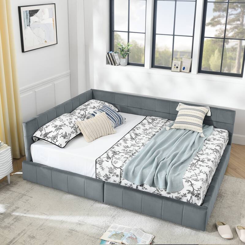 Queen Size Tufted Upholstered Daybed with 2 Drawers, Velvet Fabric Queen Sofa Bed Frame with L Shaped Backrest and Armrests