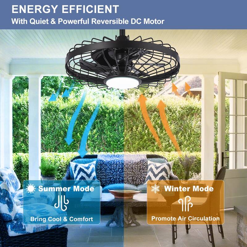 Outdoor Ceiling Fan with Light: 20 Inch Waterproof Gazebo Hanging - Plug in Remote App Control Caged Fans - 6 Speed Black