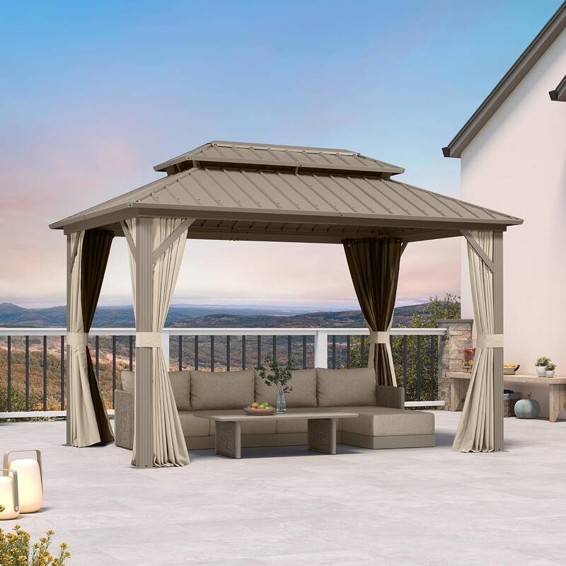 PURPLE LEAF Outdoor Hardtop Gazebo Champagne Metal Frame Galvanized Steel Double Roof with Curtains and Netting for Poolside