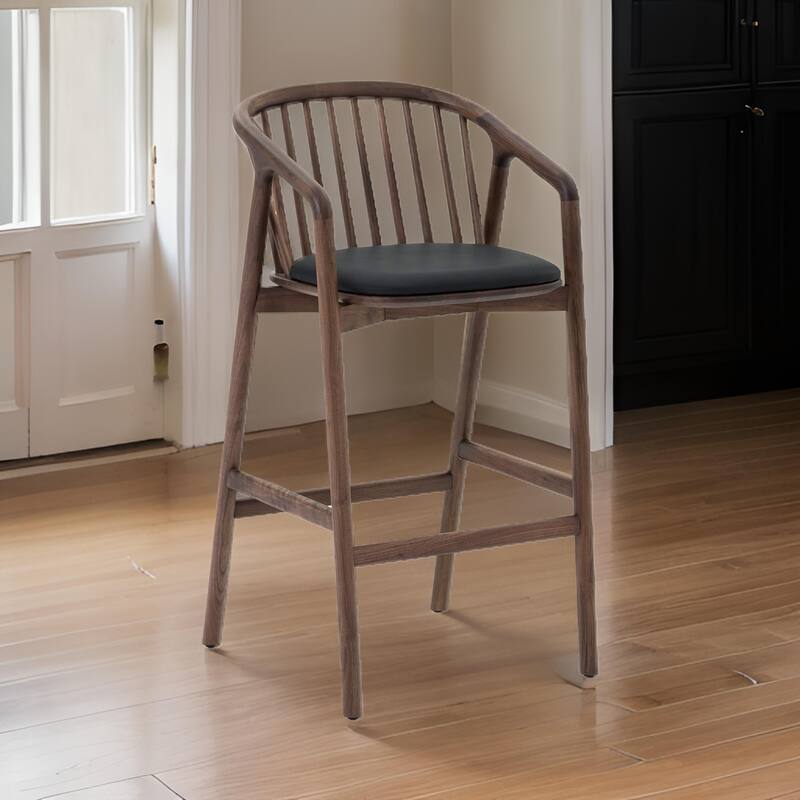 Rchy Barstool Chair, Curved Spindle Back, Black Faux Leather, Brown Wood