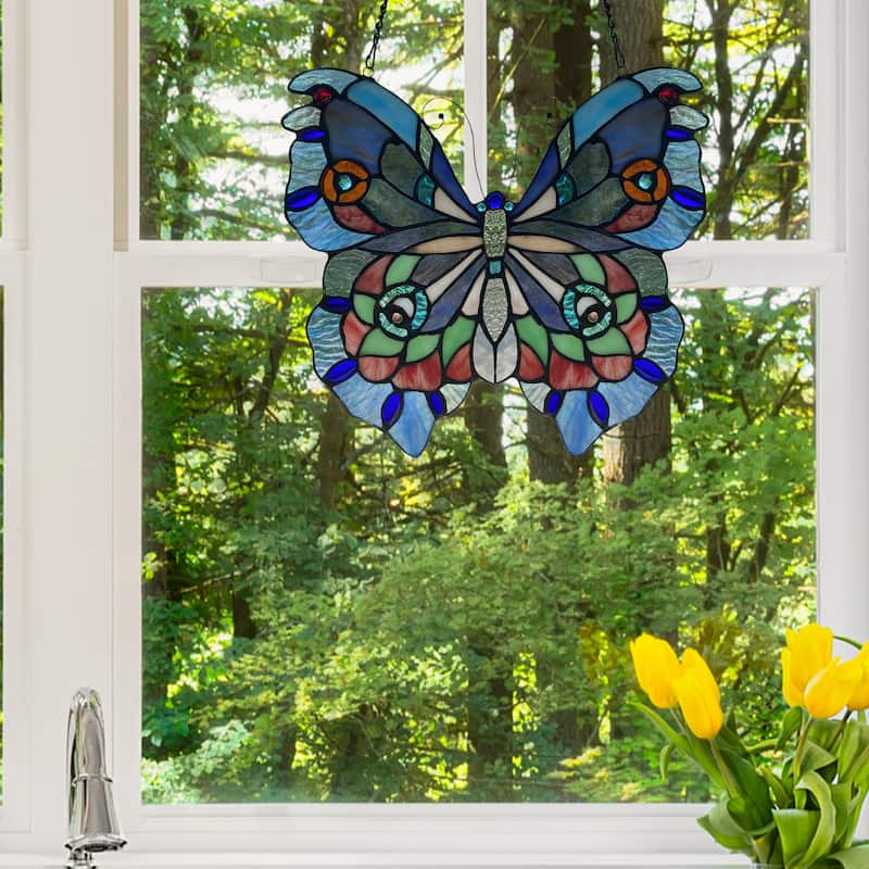 River of Goods 12"H Love Life Butterfly Stained Glass Window Panel - 12.5" x 0.5" x 12"