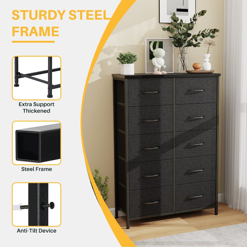 Dresser for Bedroom, 10 Storage Drawers, Anti-Tip Tall Fabric Closet Chests Organizer Tower Furniture Wooden Top Metal Frame