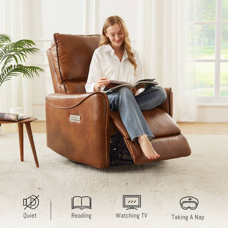 Brown Color Air Leather Electric Recliner Chair With Rocker And Swivel