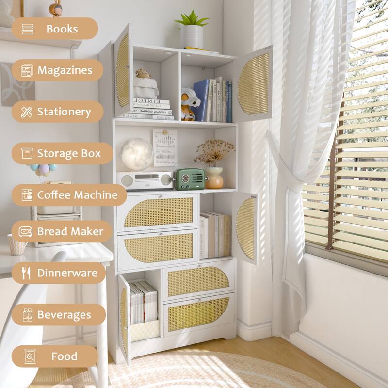Rattan Buffet Cabinet Tall Kitchen Pantry w/ Power Outlet & 4 Drawers - White