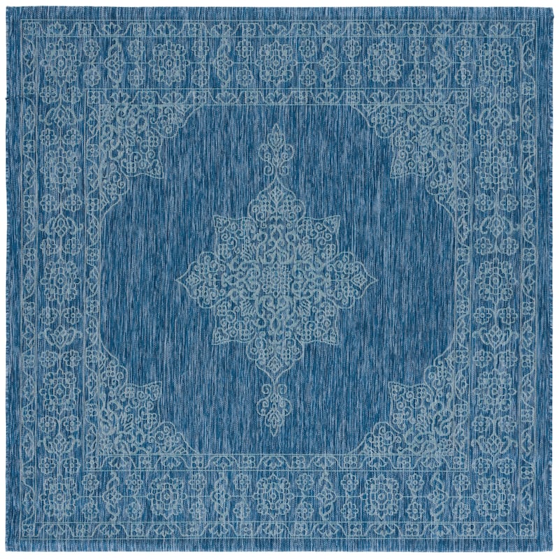 SAFAVIEH Courtyard Zikrija Indoor/ Outdoor Waterproof Patio Backyard Rug - 6'7" Square - Navy/Ivory
