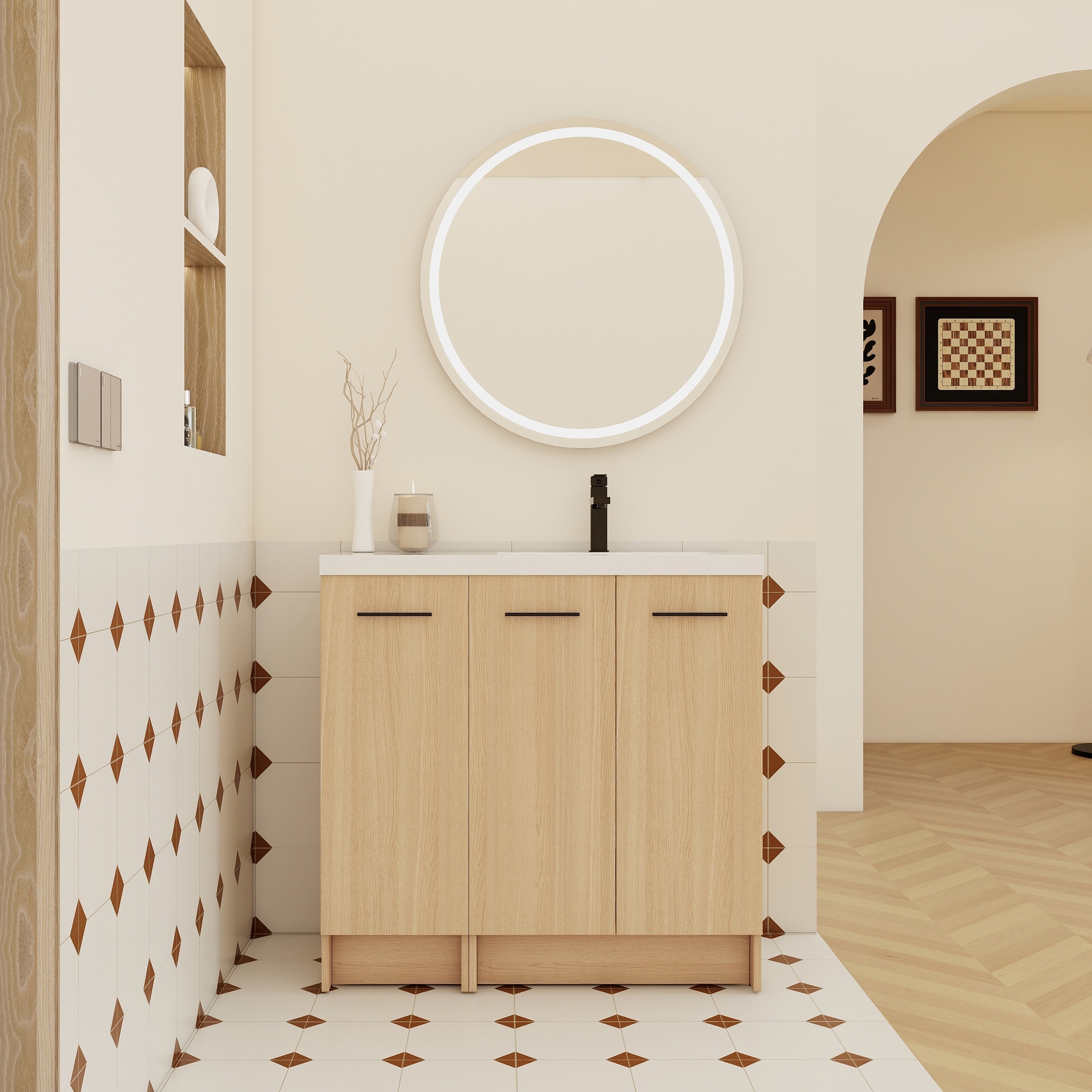 Bathroom Vanity With Resin Sink In 24/36/48 Inch, Freestanding Bathroom Vanity with Doors/Drawers and Adjustable Shelf
