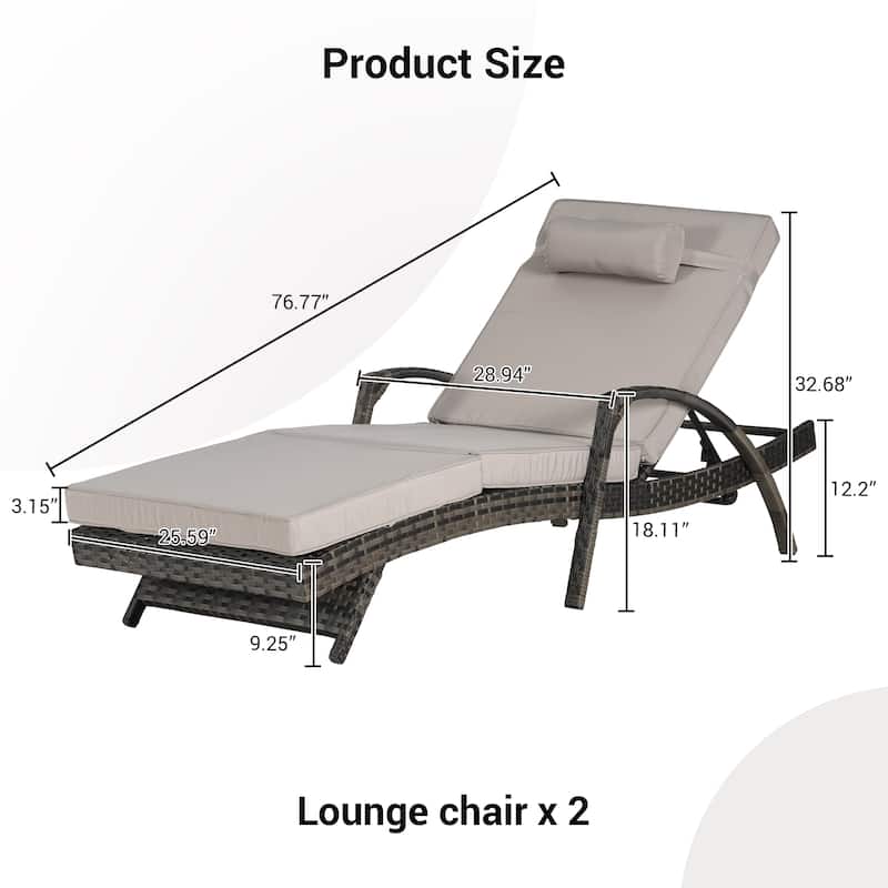 76.77" Long Reclining Chaise Set of 2, Outdoor Wicker Double Sunbed Lounge with Removable Cushions