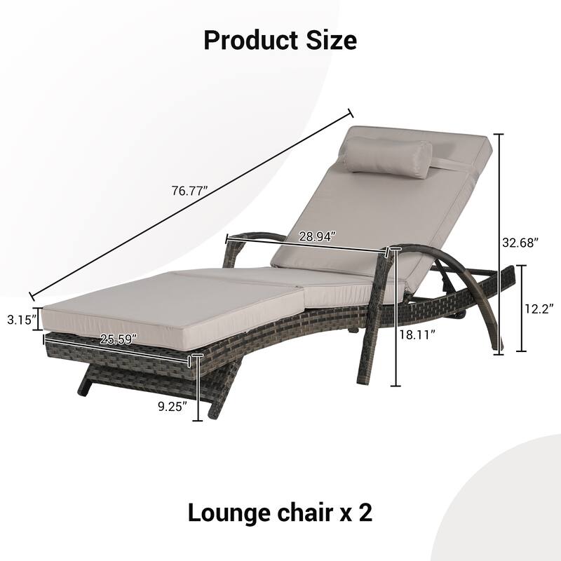 Outdoor Wicker Long Reclining Chair Set of 2, Lawn Sunbathing Chairs for Beach Poolside Garden