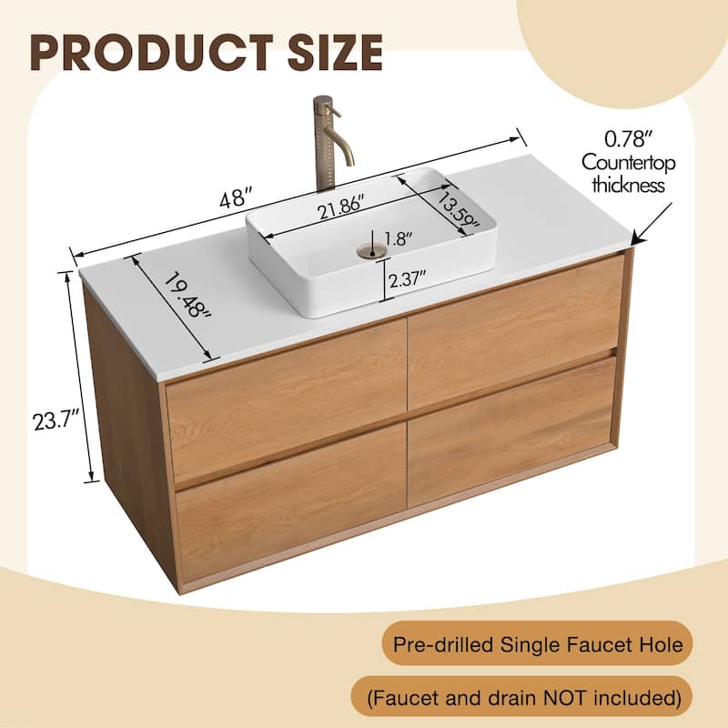 48" Floating Bathroom Vanity Quartz Counter Top with Ceramic Vessel Sink