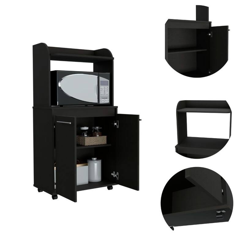 Kitchen Kart, Double Door Cabinet, One Open Shelf, Two Interior Shelves -White