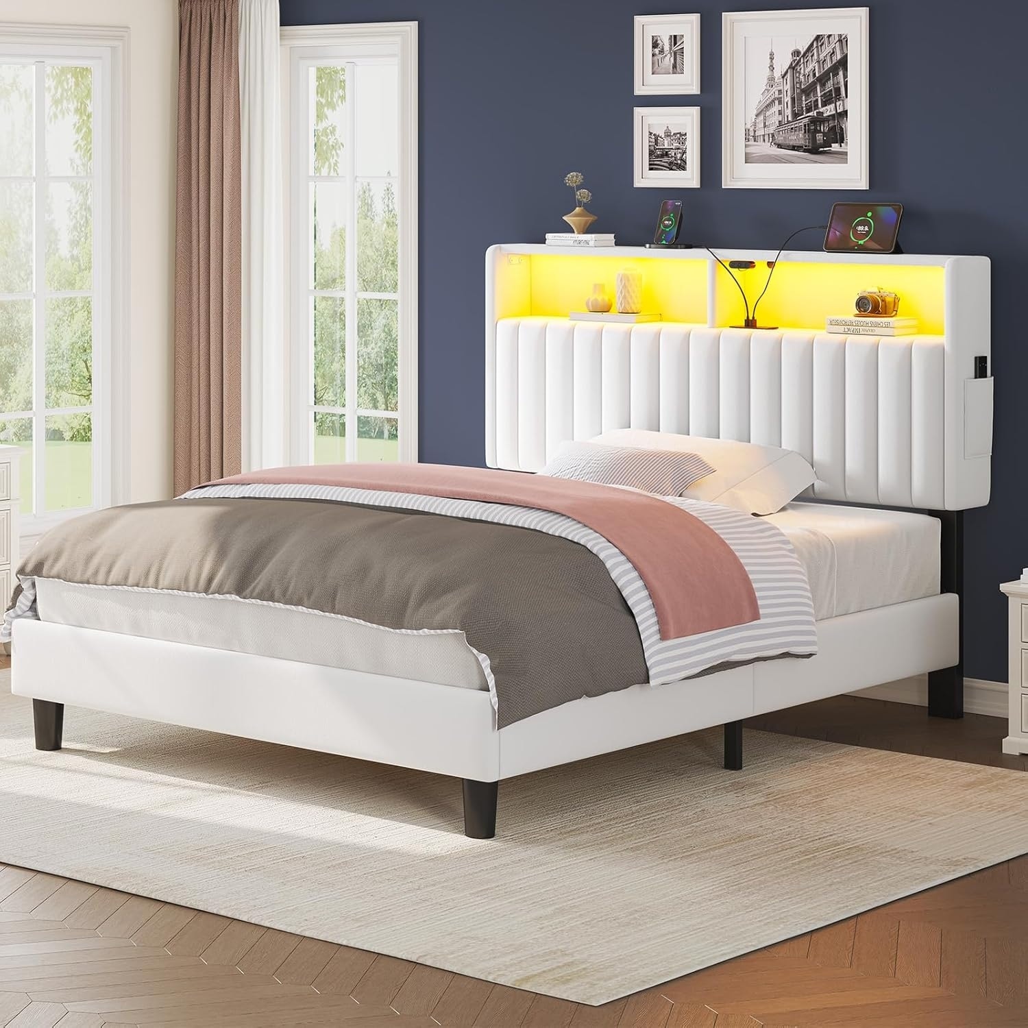 Twin Size Bed Frame with USB Charging, LED Lights & Storage Headboard, Noise-Free Metal Platform, Easy Assembly, White