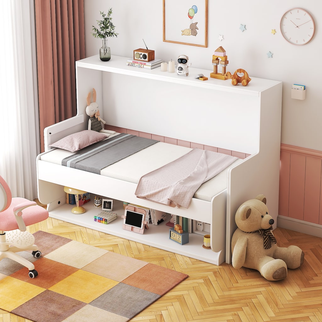 GDF Studio - Zigg Modern Murphy Bed with Built-In Desk, Space-Saving Foldable Wall Bed for Small Rooms