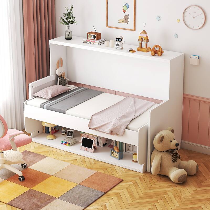 GDF Studio - Zigg Modern Murphy Bed with Built-In Desk, Space-Saving Foldable Wall Bed for Small Rooms