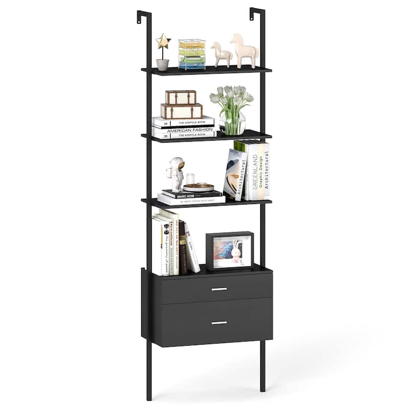 Black Engineered Wood Ladder Bookcase with Metal Frame and Drawers - 23.5" x 12" x 72.5"