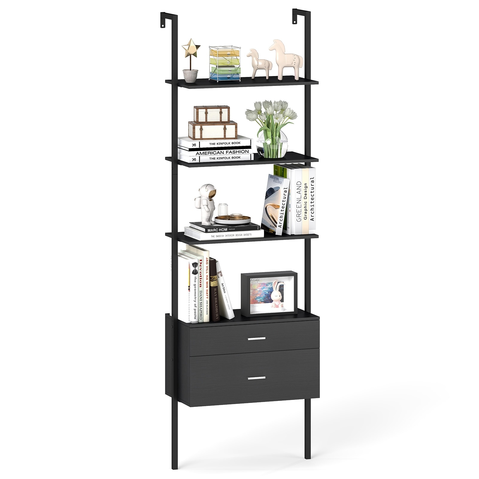Gymax Ladder Bookshelf w/ Storage Wall Mount Bookcase w/ 4 Open