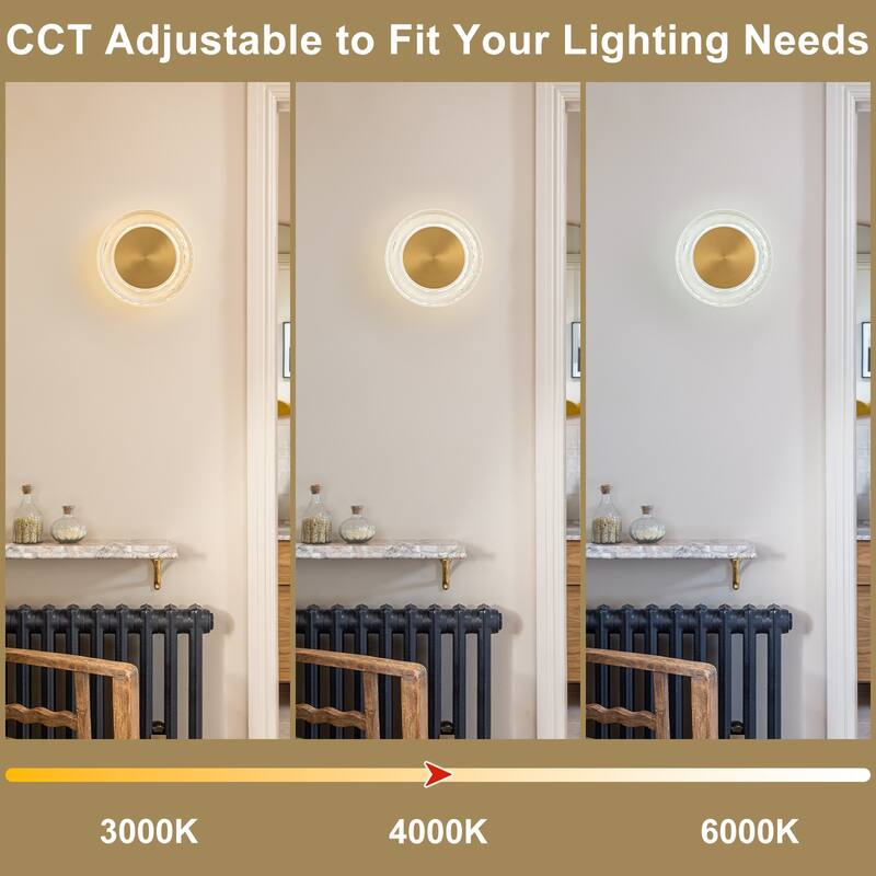 Round LED Wall Sconce Clear Textured Handblown Glass Shade Dimmable