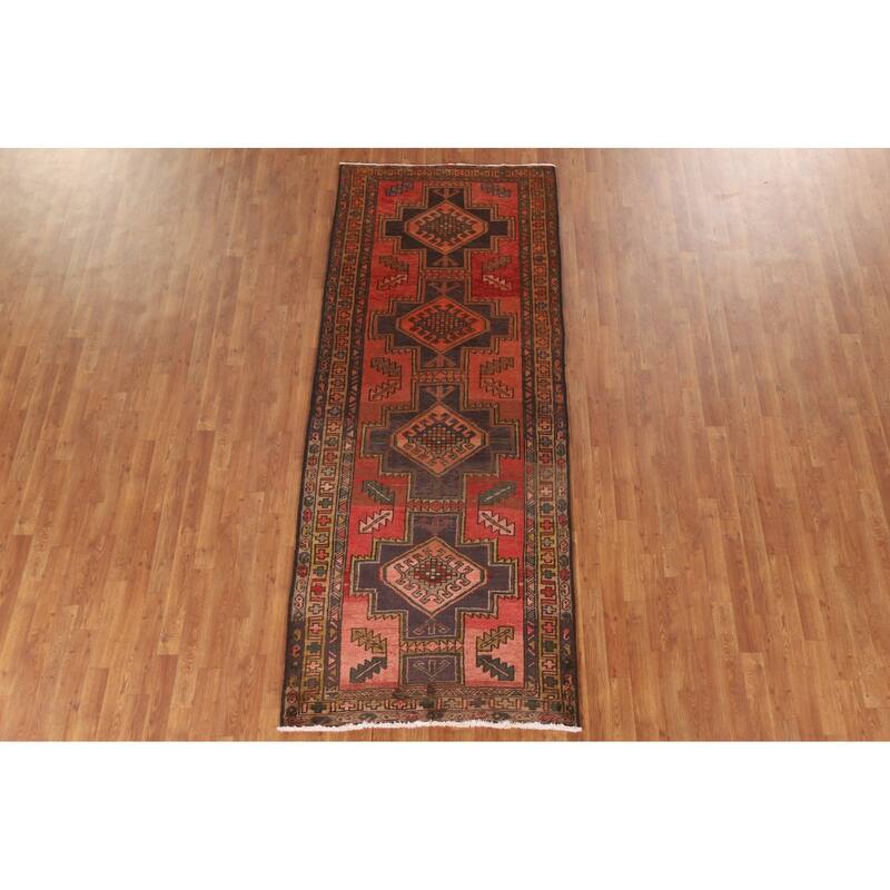 Hamedan Persian Vintage Runner Rug Handmade Wool Carpet - 3'8"x 9'5"