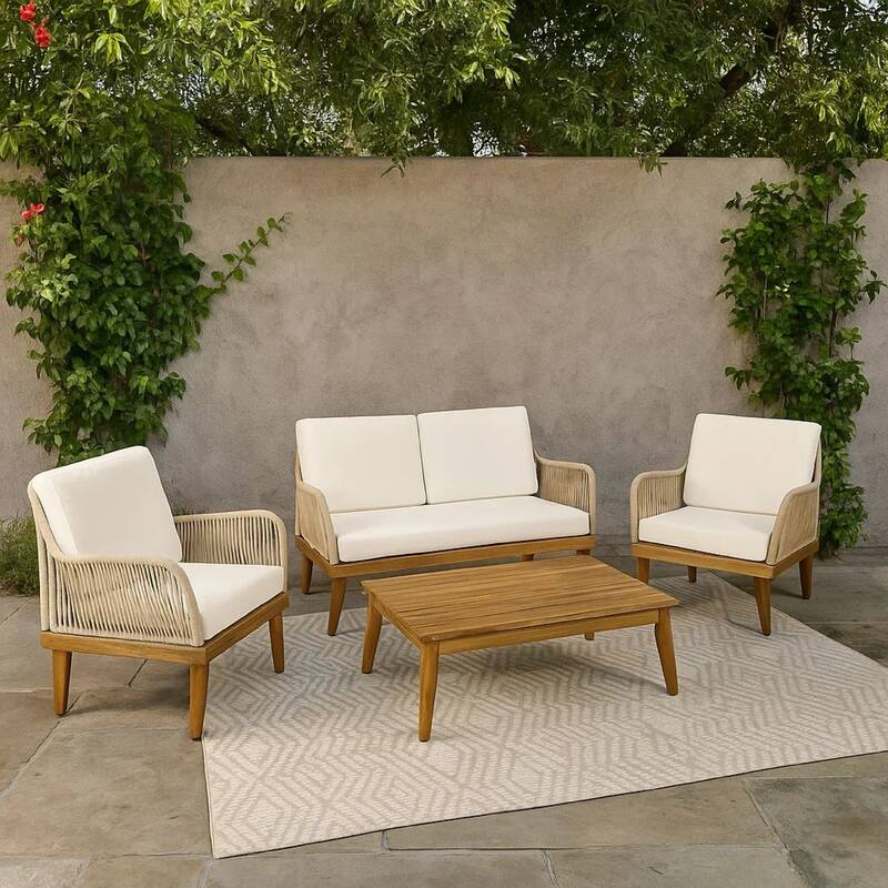 Oud 4pc Outdoor Sofa Set, Woven Rope Design, Natural Brown Acacia Wood
