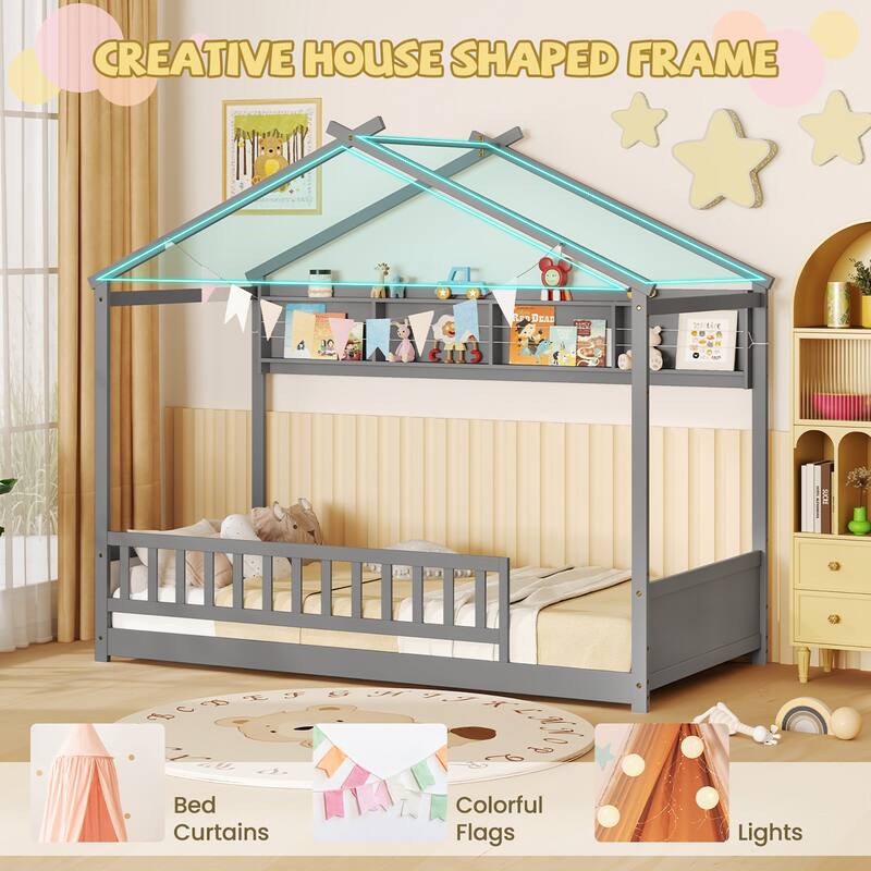 Gymax Twin Size House Bed w/Storage Shelf Headboard & Guardrail Wooden