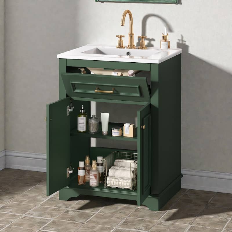 24 Inch Bathroom Vanity with Integrated Ceramic Sink, Freestanding Cabinet with Tip-Out Drawer, Small Space Vanity