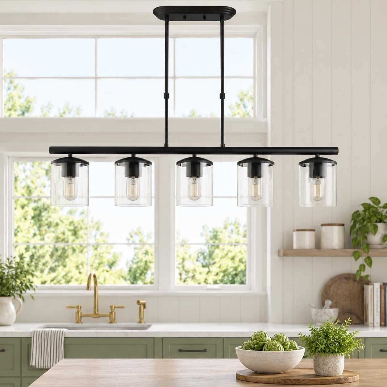 Modern Industrial Black 5-Light Linear Chandelier Glass Kitchen Island Lights