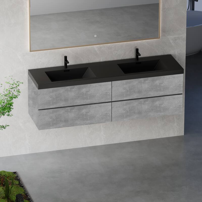 Modern Wall-Mounted Bathroom Vanity in Gray with Black Quartz Sand Top