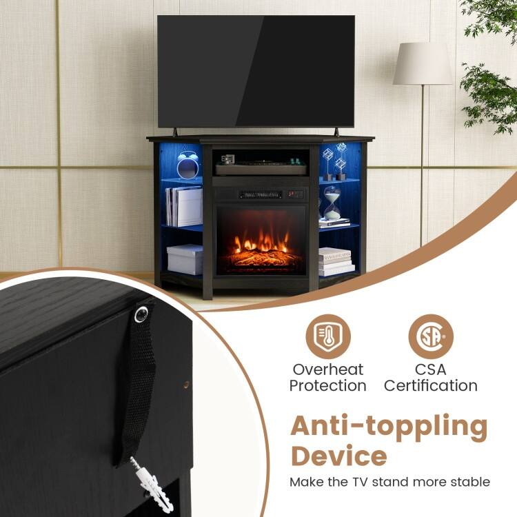 Electric Fireplace Corner TV Stand with LED Lights and Adjustable Glass Shelves - 45" x 22" x 30"