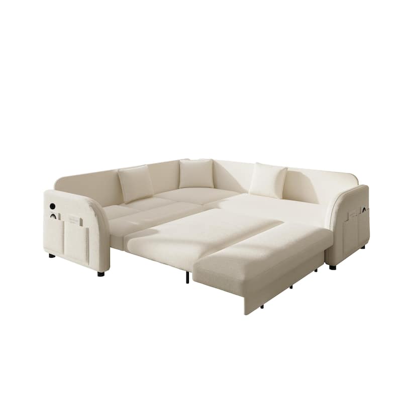 GDFStudio - 85.1" Teddy Upholstered L-Shaped Sleeper Sofa with USB & Side Pocket