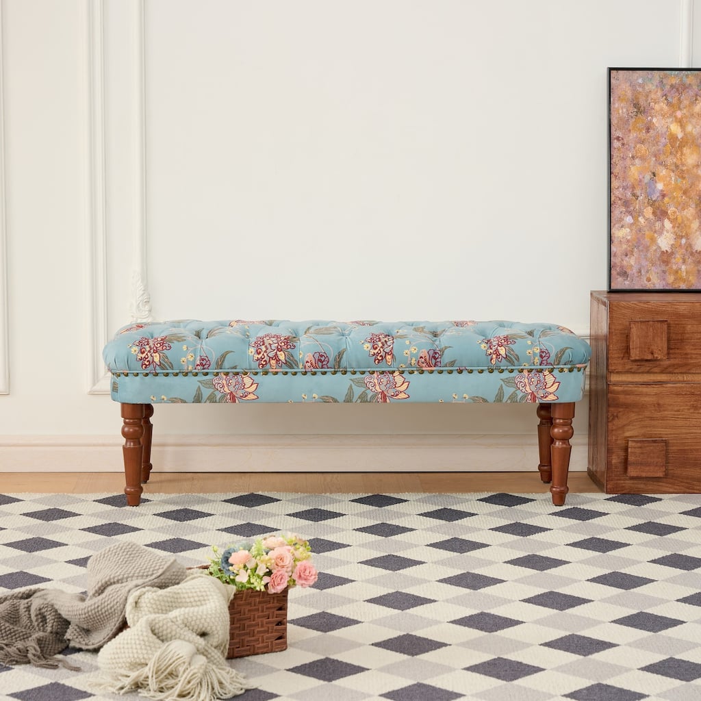 Roomfitters Elegant Buttoned Upholstered Bench for Entryway, Floral Pattern End of Bed Seating with Nailhead Trim, Tiffany Blue
