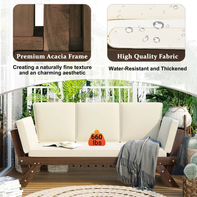 Adjustable Outdoor Daybed: Stylish Wooden Chaise Lounge With Plush Cushions, Optimized For Small-Space Relaxation