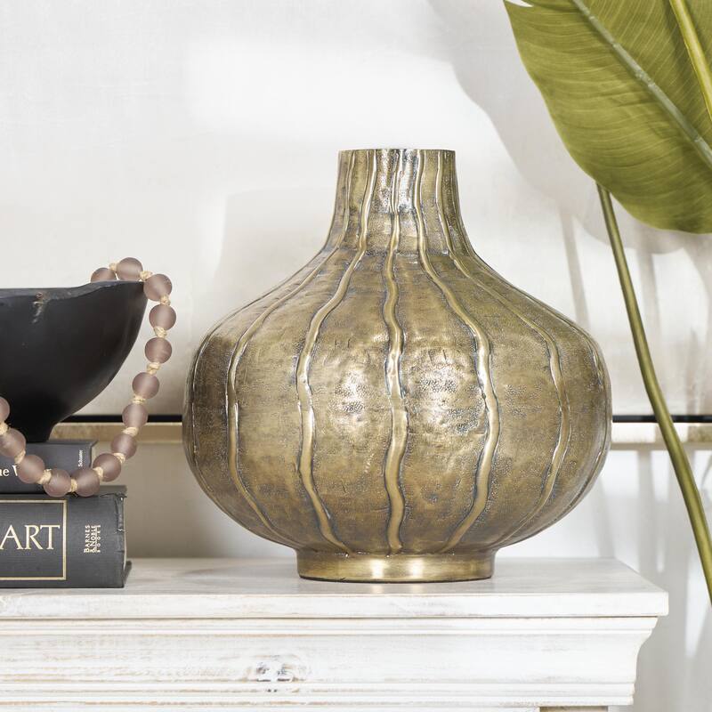 Metal Wide Snakeskin Inspired Decorative Vase with Dimensional Wavy Accents - Brass - Roche River Decor