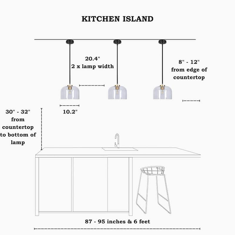 Modern Black Gold Pendant Clear Glass Kitchen Island Light Bowl-Shape Shade for Dining Room