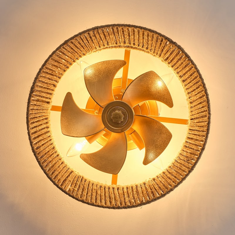 18-inch Boho Distressed Gold Chandelier Ceiling Fan with Remote and Hand Hemp Rope Shade - 17.7" W x 8.19" H