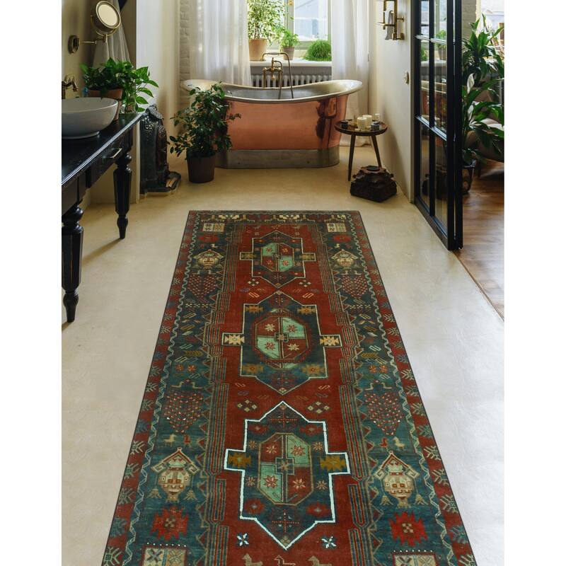 Fine Vintage Distressed Olcay Red/Charcoal Runner - 3'7" x 8'4"