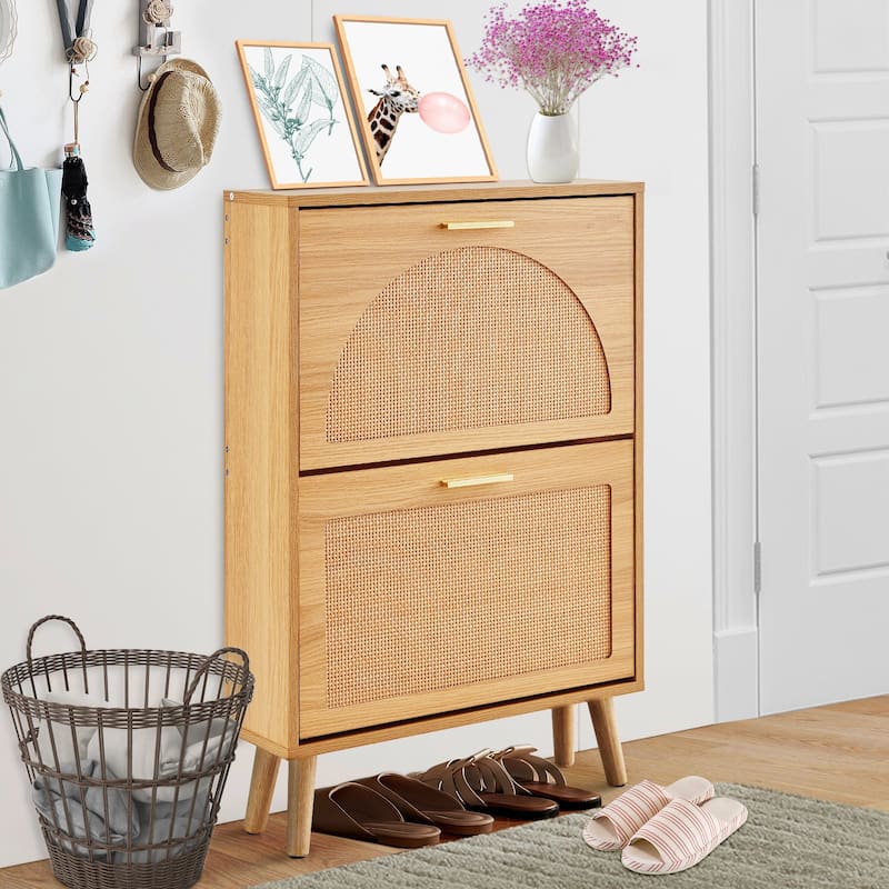Shoe Cabinet with Flip Drawers Rattan Doors Entryway Storage Organizer - 23.62 x 6.61 x 34.53 inch