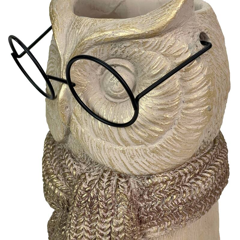 Bespectacled Owl Cement Vase 8.25" Gold Accents Knit Scarf Real Wire