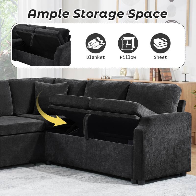 L-Shaped Sectional Sofa Bed, Chenille Upholstered Sleeper Sofa with Hidden Storage Compartment, 4 Seater Corner Sectional Sofa