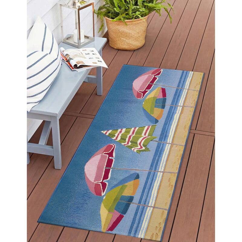 Liora Manne Esencia Beach Umbrella Indoor/Outdoor Mat - 1'11" x 4'11" - Blue