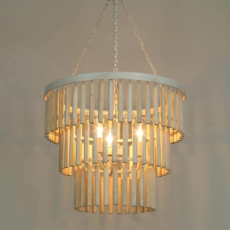 Farmhouse 3-Light White Wood Chandelier 3-Tiers Empire Pendant Lights - 18.5" D x 31.5" H