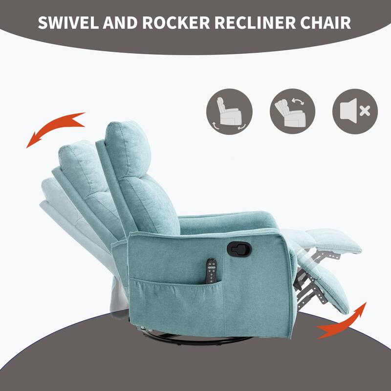 Roomfitters Swivel Rocker Recliner Chair, Manual Fabric Massage Armchair with Heat and 360-Degree Motion, Living Room