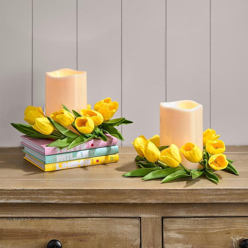 11" Pu Tulip Candle Ring - Yellow