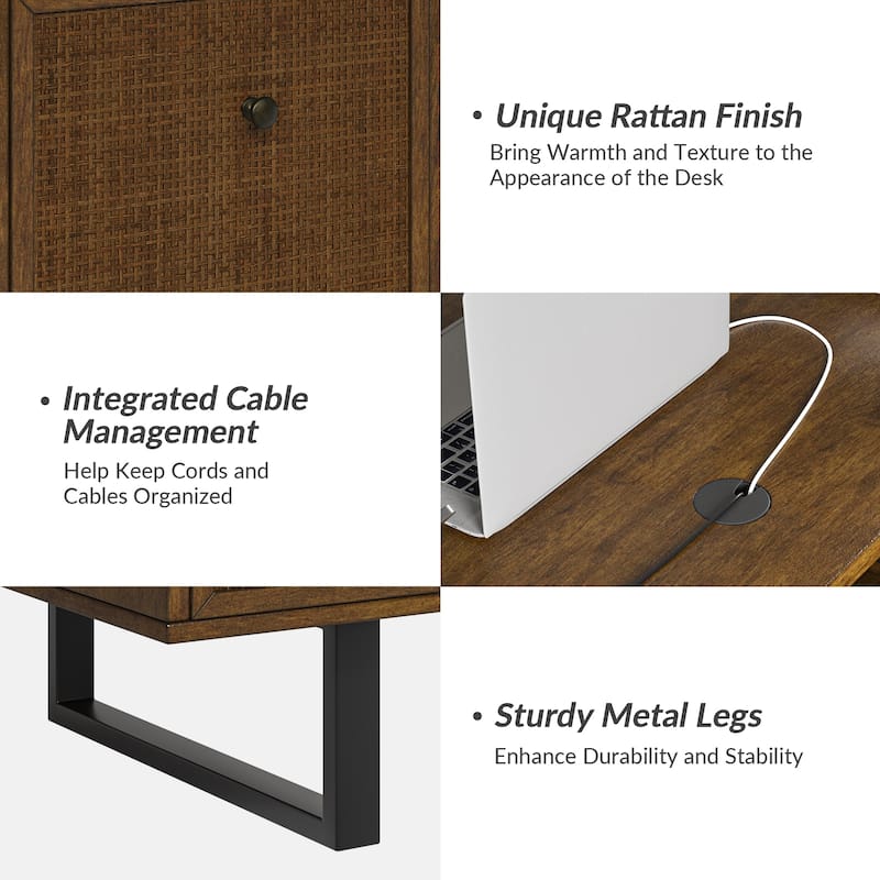 Alfons Industrial L-shaped Lift Top Cane Executive Office Desk with Drawers and Built-In Outlets by HULALA HOME